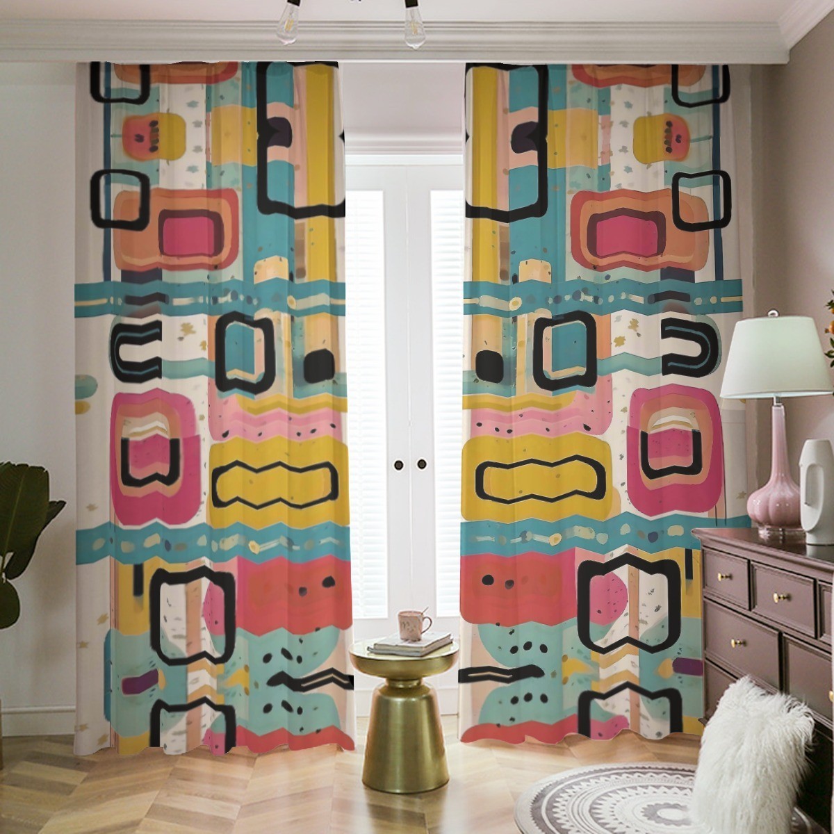 Mid Century Modern Blackout Curtains Drapes Shades Mod Retro Geometric Pink 60s