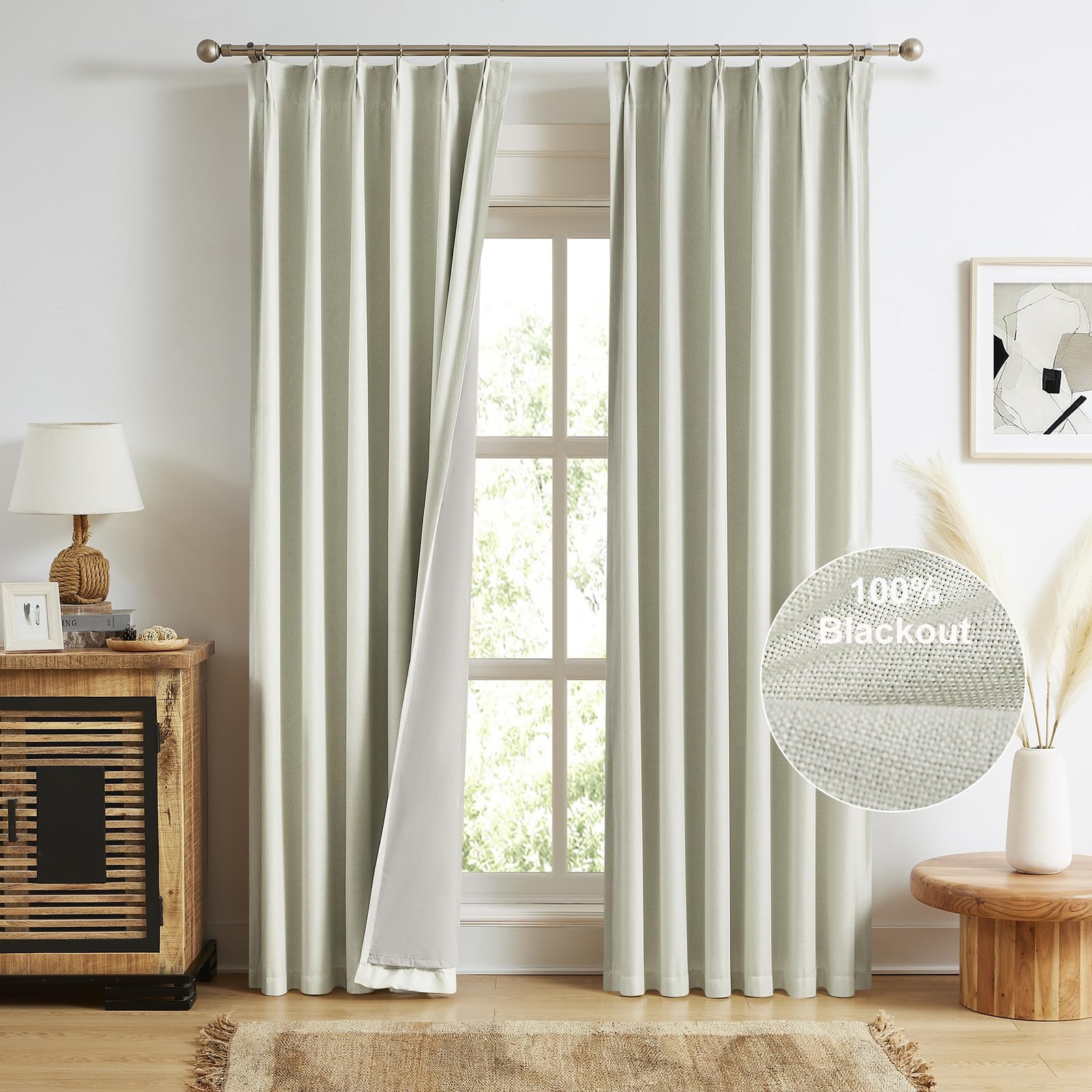 Natural Blackout Pinch Pleat Curtains 120 Inches Long 10ft Length, Back Tab P…
