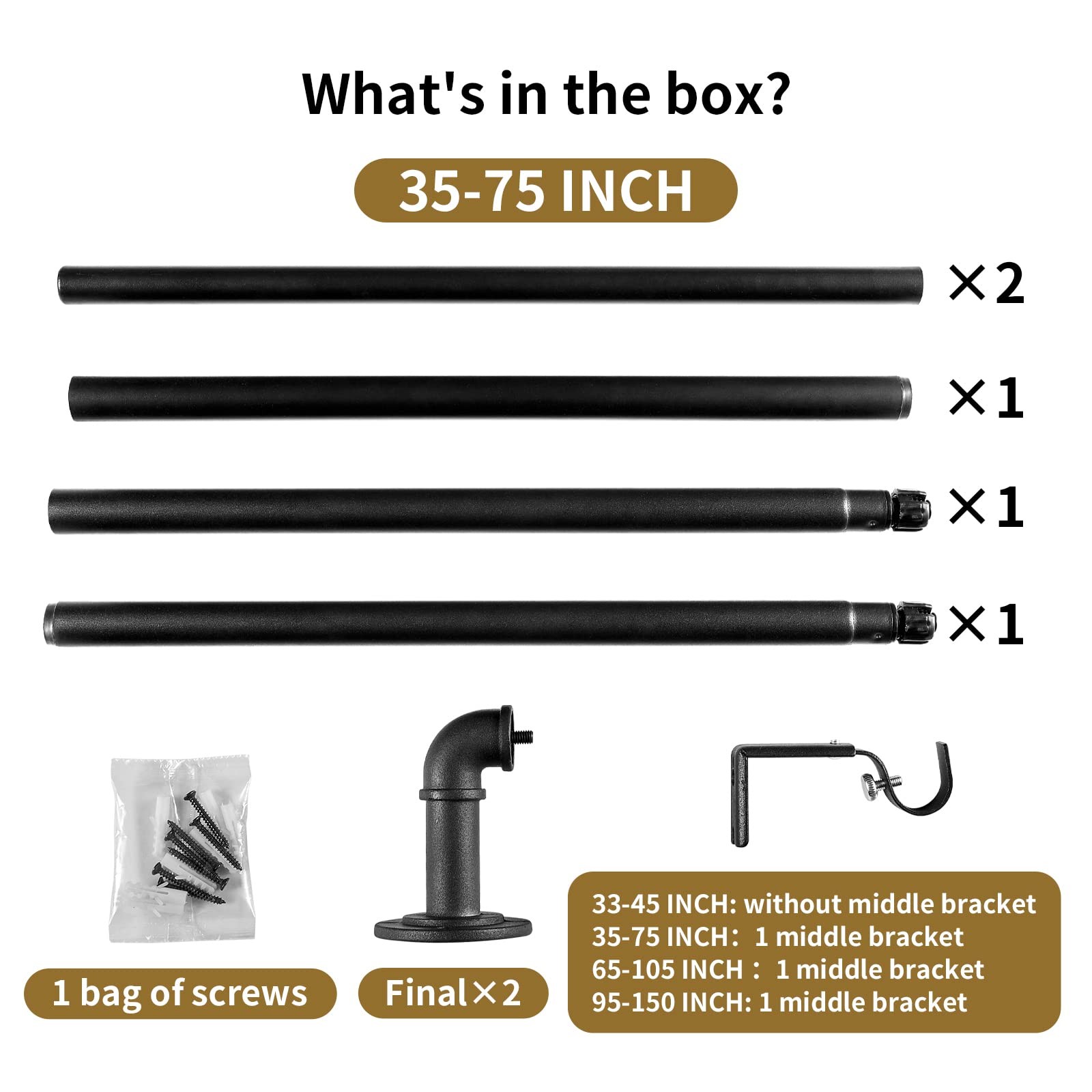 Industrial Curtain Rods, 35 to 75 Inches, 7/8 Inch 35-75 INCH, Black