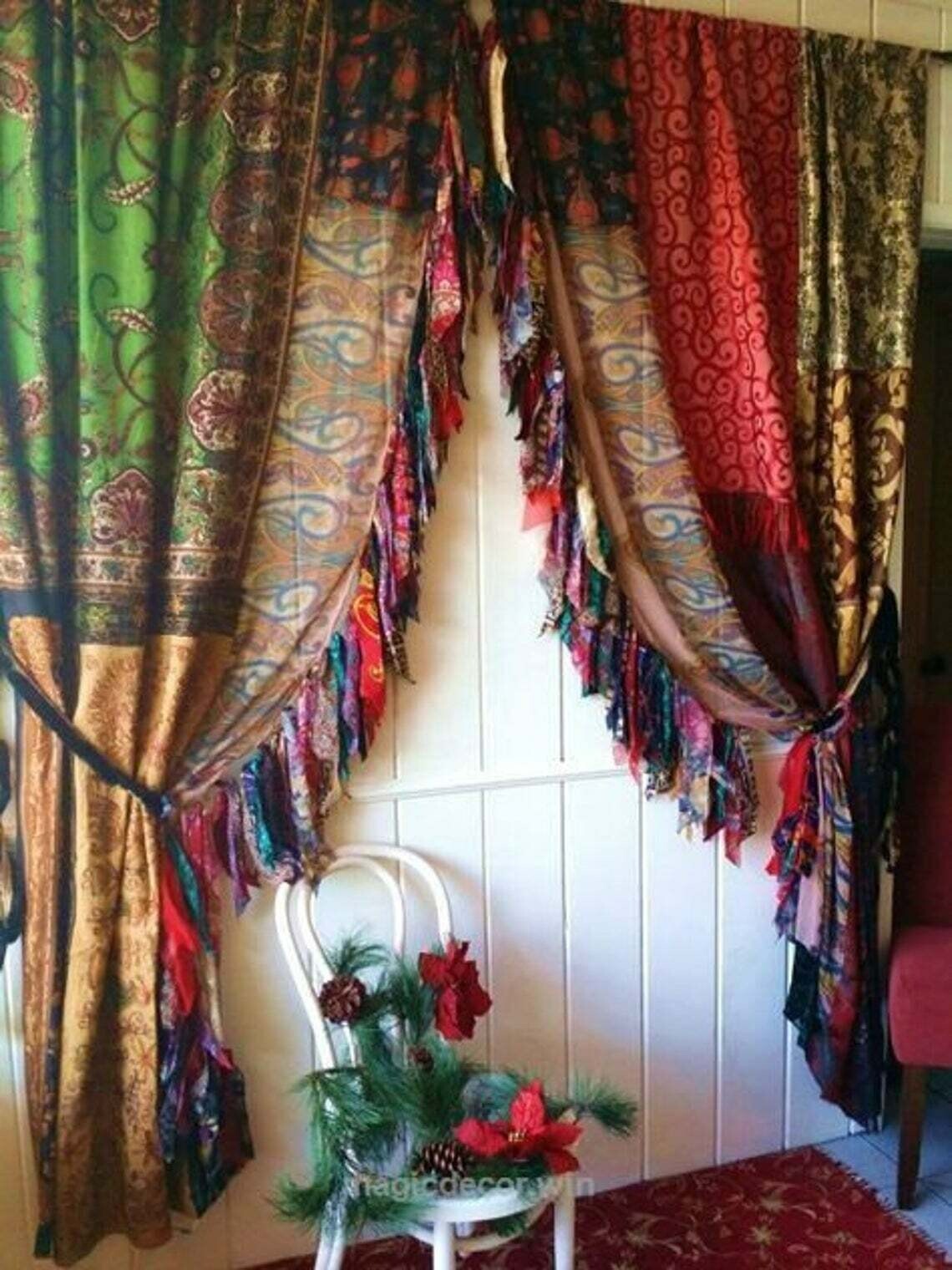 2 Pcs Indian Sari Patchwork Curtain Drape Window Decor Multi Silk Sari Curtain