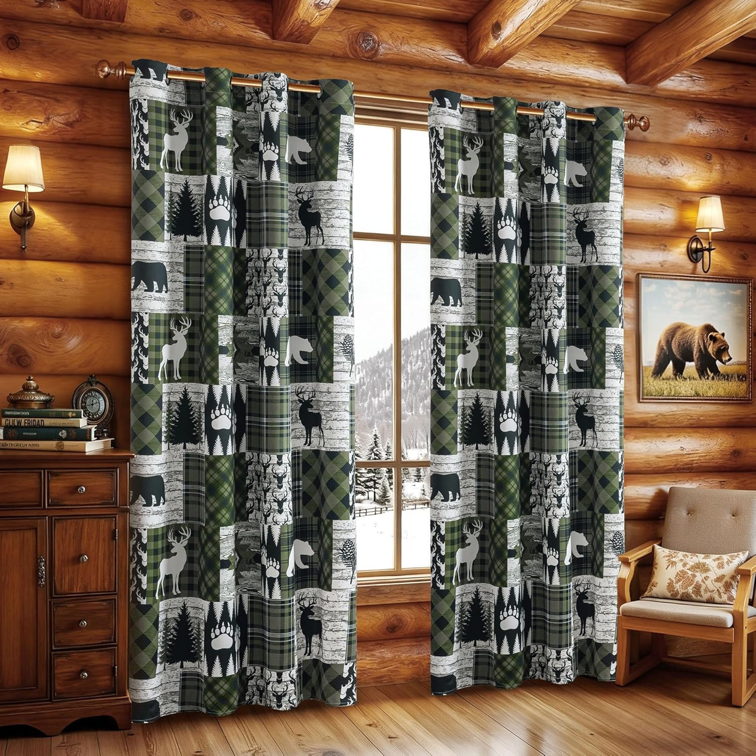 Dark Green Rustic Cabin Curtains 2 Panels Country Curtain 50% Light Blocking Dar