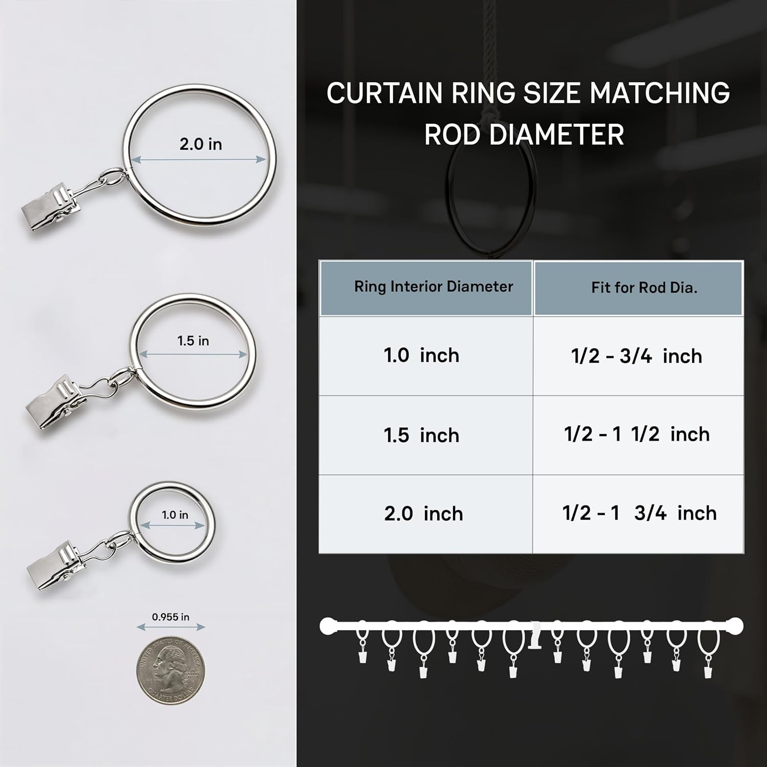 20 Pack Silver Big Curtain Rings with Eyelets with Clips, Metal Drapery Ring for
