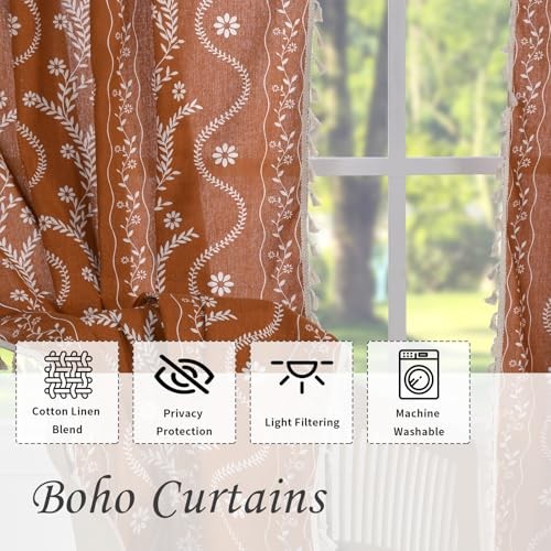 Boho Curtains for Living Room 63 Inches 52″W x 63″L (Pack of 2) Terracotta