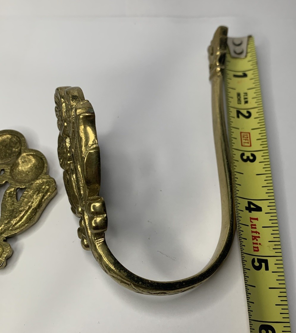2 VTG Germany Cast Brass Floral Curtain Drapery Tiebacks Pole Holders Wall Hooks