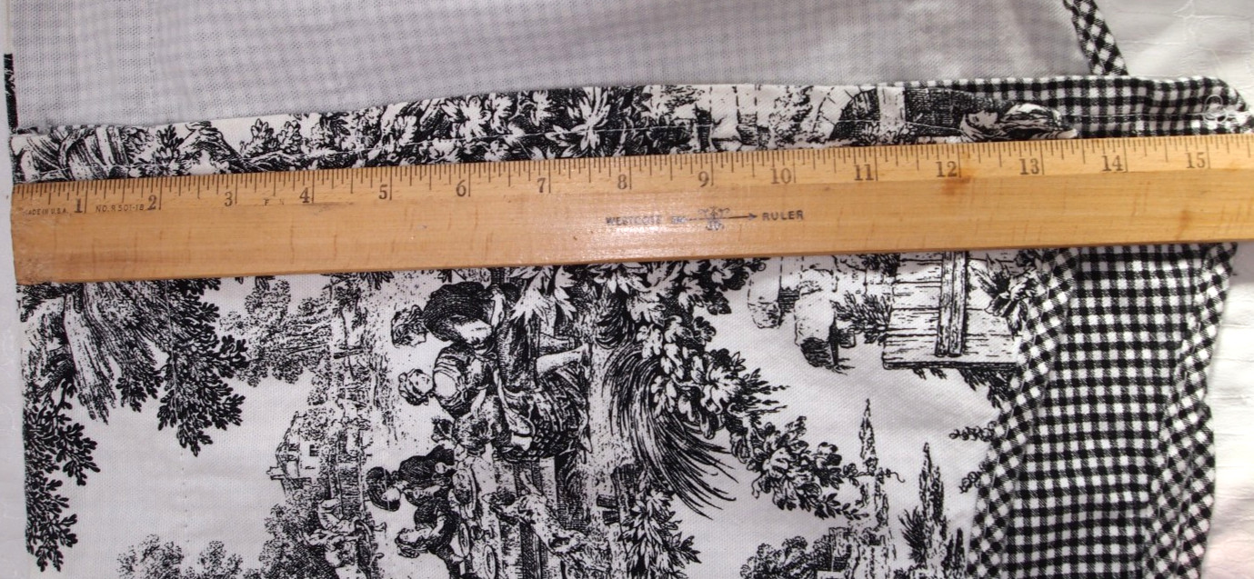 French Country Valance Black & off White toile & Gingham scalloped 67″ (2)