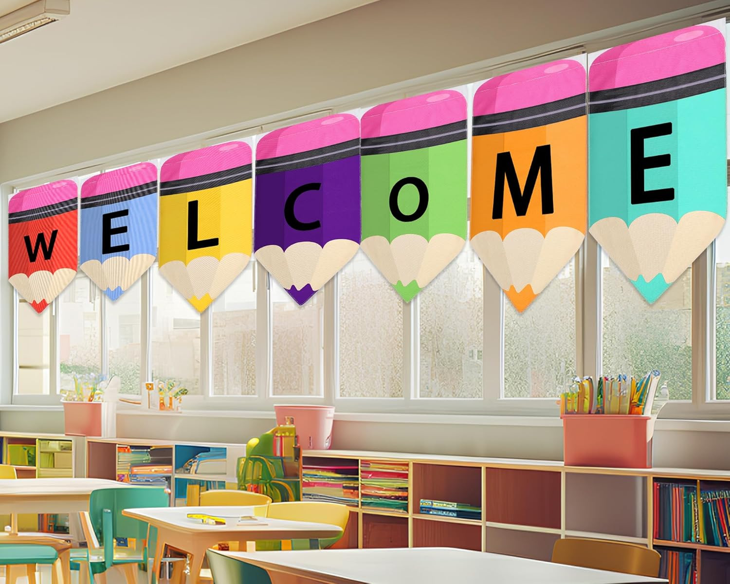 7 Pcs Rainbow Curtains (36 X 24 Inches) Pencil Theme Decor Pencil Curtains Welco