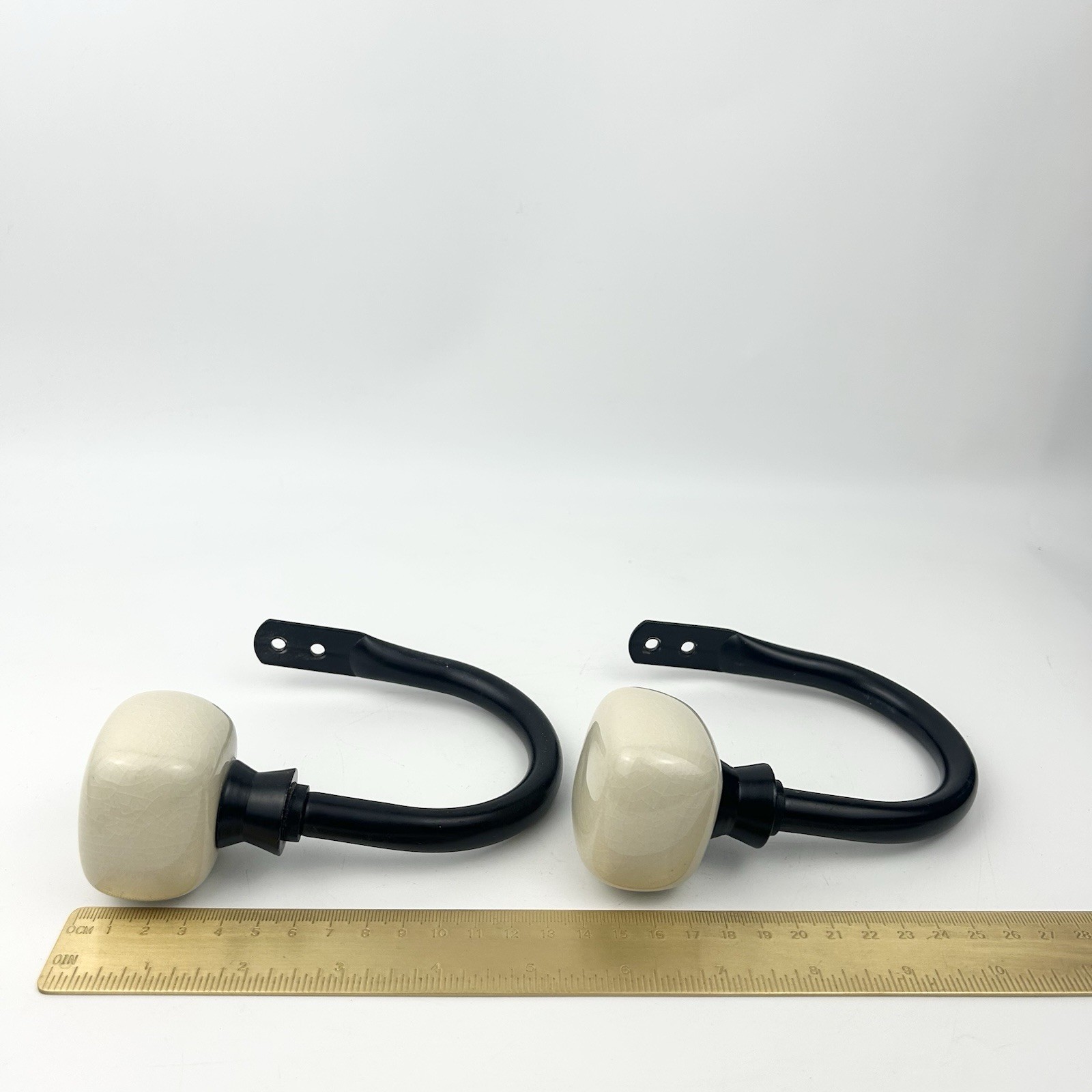 2 Black and Cream Ceramic Square Geometric Knob Curtain Holdbacks #2