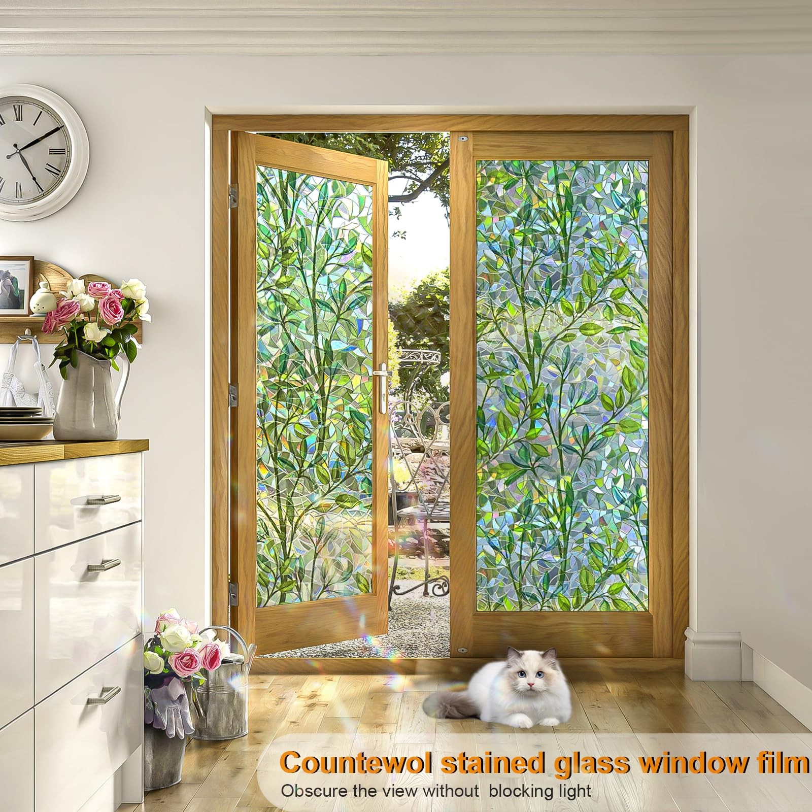 Window Privacy Film Stain Glass 17.5 x 78.7 in, Leaf Rainbow