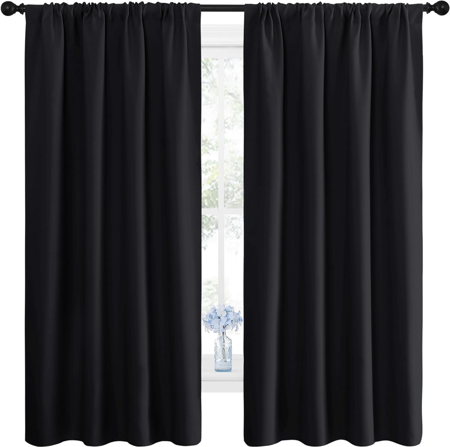 Solid Black Thermal Insulated Curtains – 42″ W x 63″ L, Block 85%-99% Light