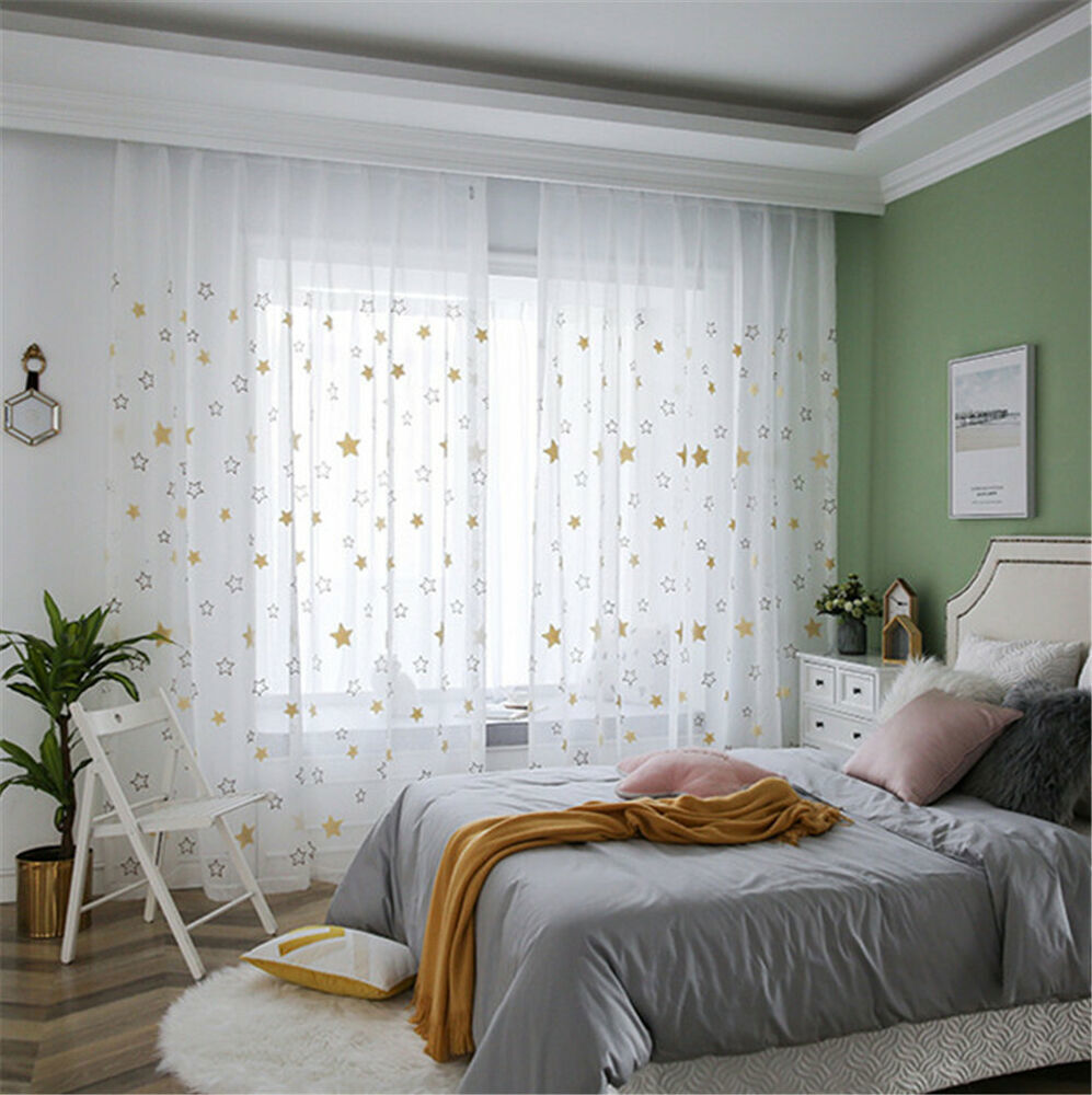 Embroidered Stars Sheer Curtain Voile Curtain Panels for Kid’s Bedroom 1 Piece