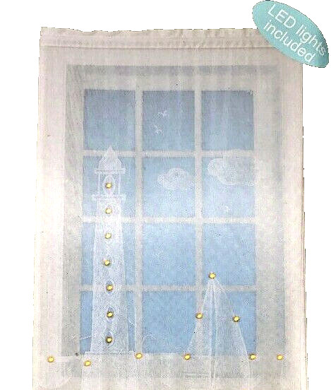 Coastal White Lighted Lace Window Panels Set of 2 Sailboats Lighthouse Nautical