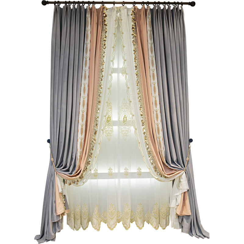 French pink gray patchwork velvet cloth blackout curtain tulle panel drape C1260