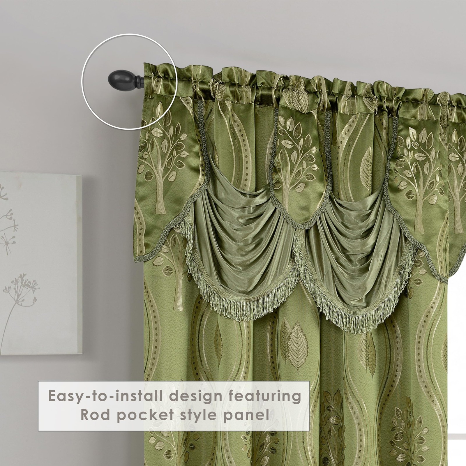 Aurora Jacquard Look Curtain Panel Set Attached Valance 54″ X 84 inch Set of 2