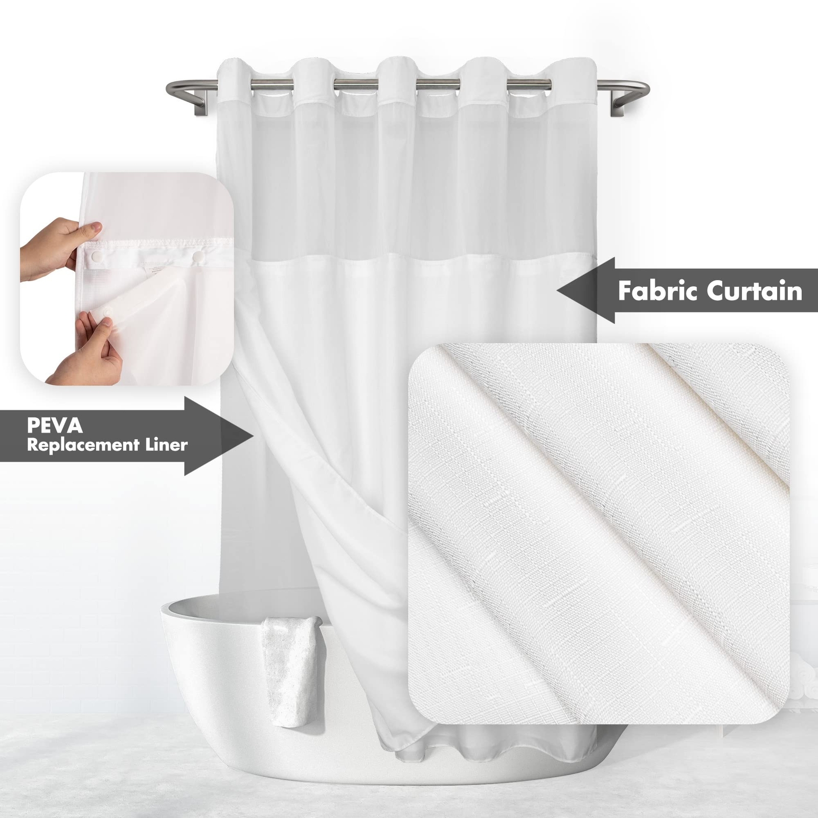 No Hook Slub Textured Shower Curtain with Snap-in PEVA Liner Set – 71″ x 74″(…