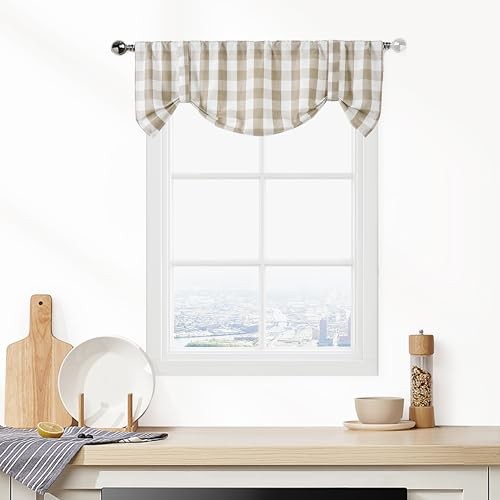 Beige Buffalo Plaid Tie Up Valances, Tan Buffalo 50″W x 20″L (Pack of 1) Linen