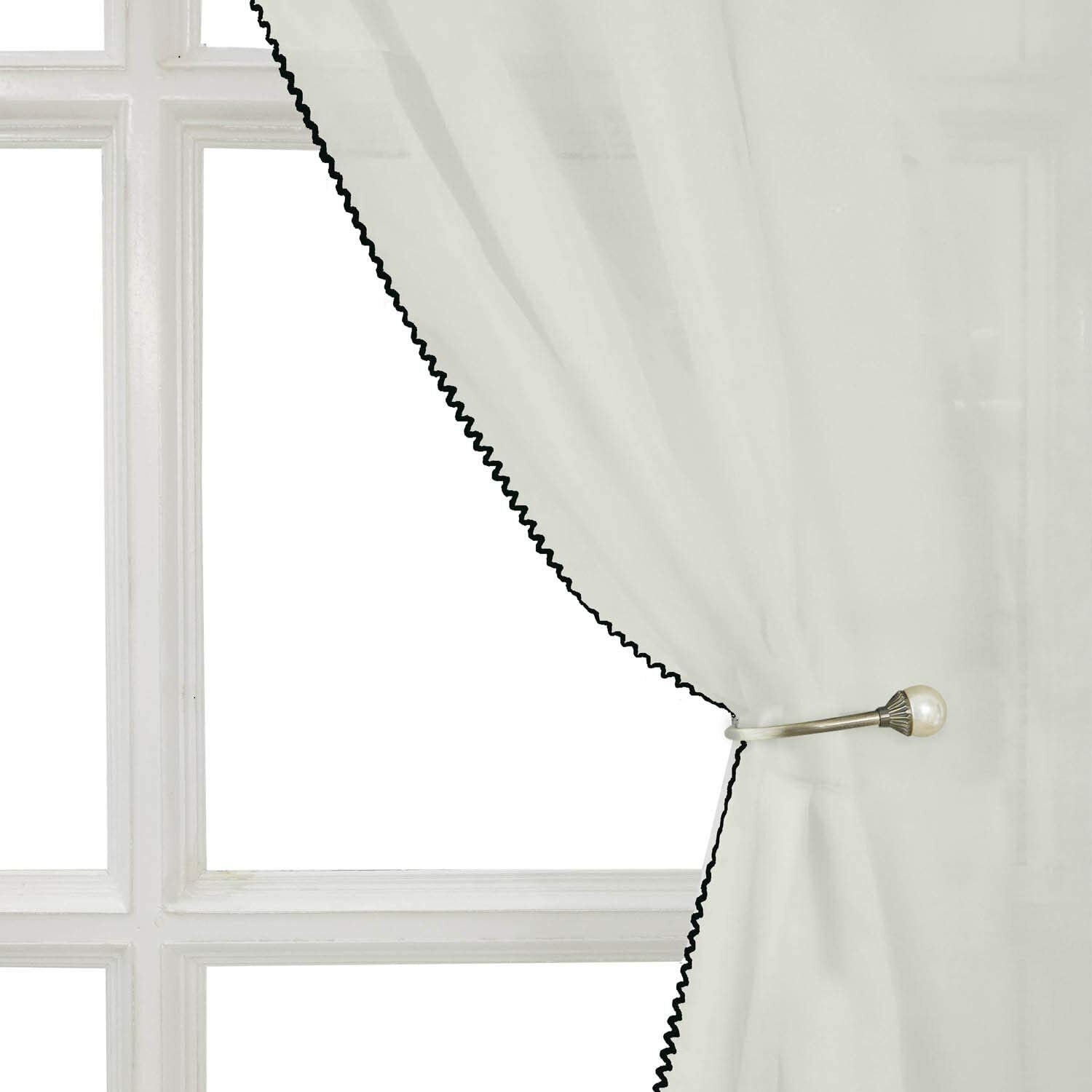 42×63 IVORY SHEER CURTAIN PANELS Embellished w/ BLACK ZIG ZAG TRIM F142