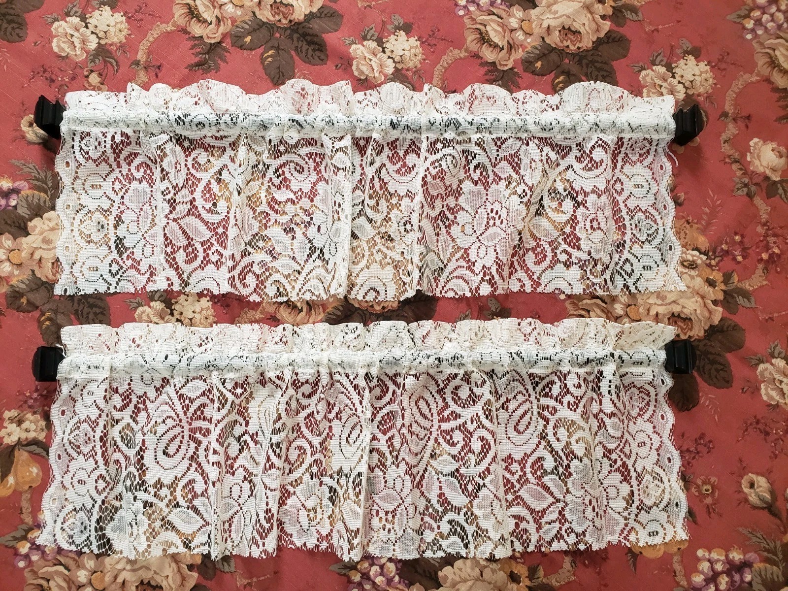 Vintage Ivory Floral Lace Polyester Valances 11X39” Lot Of 2 Cottagecore Shabby