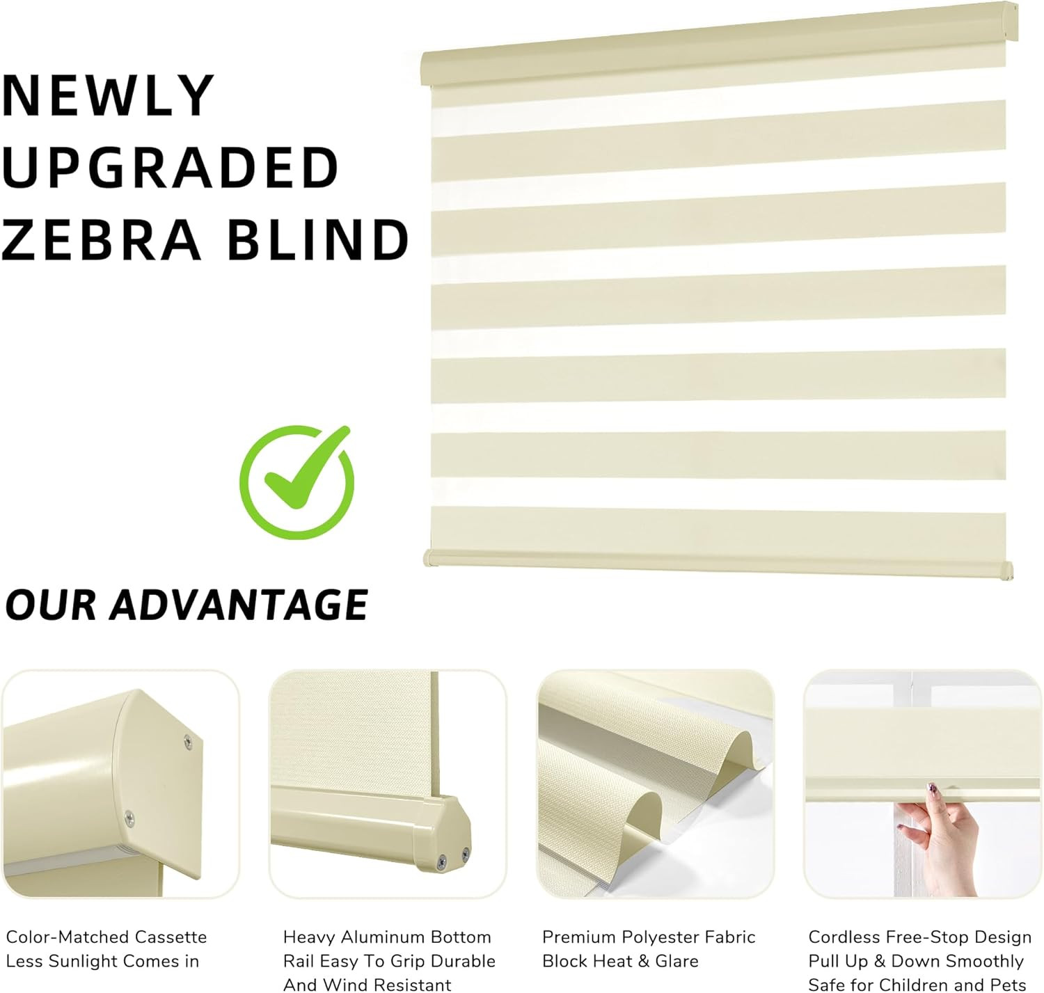 ChrisDowa Cordless Zebra Blinds for Windows, Dual Layer Free-Stop Light Filterin