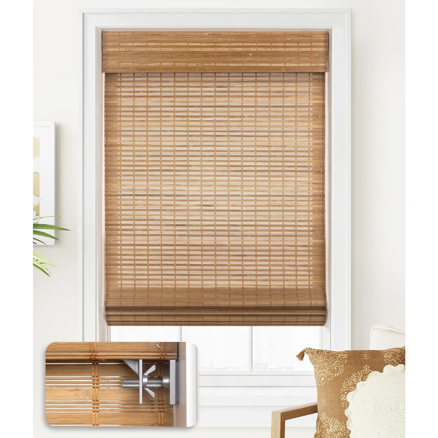 LazBlinds No Tools No Drill Cordless Bamboo Roman Shades Window 31″ W x 64” H