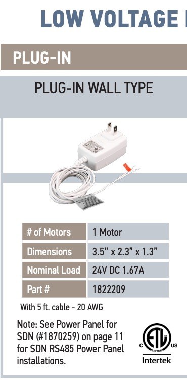 Somfy 24V DC 1.67A Wall Mount Plug in Power Supply 1822209 : R28 & ST30 Sonesse