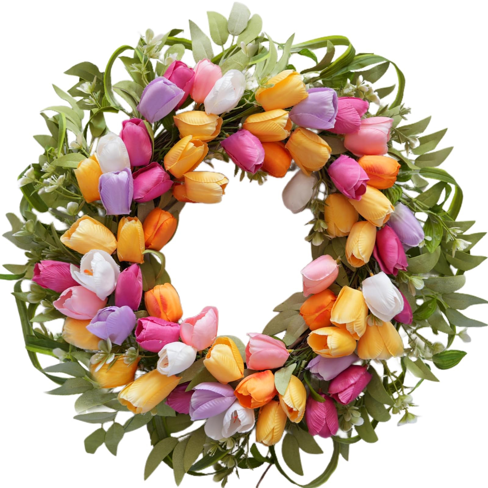 20 Inch Spring Tulip Wreath Artificial Colorful Flower Leaves Front Door