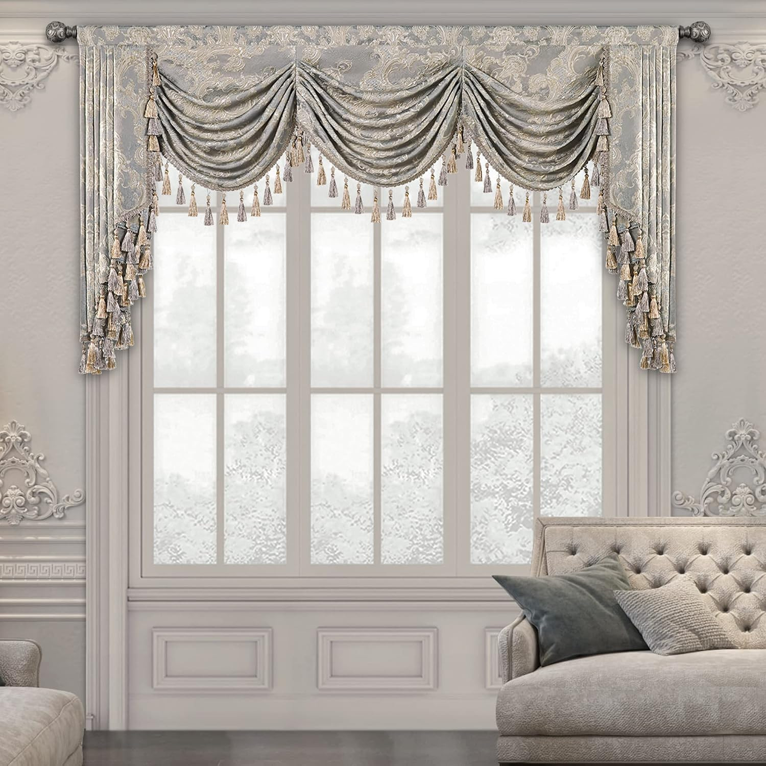 Luxury Waterfall Valances for Windows, Jacquard Thick Swag Waterfall Curtains Va