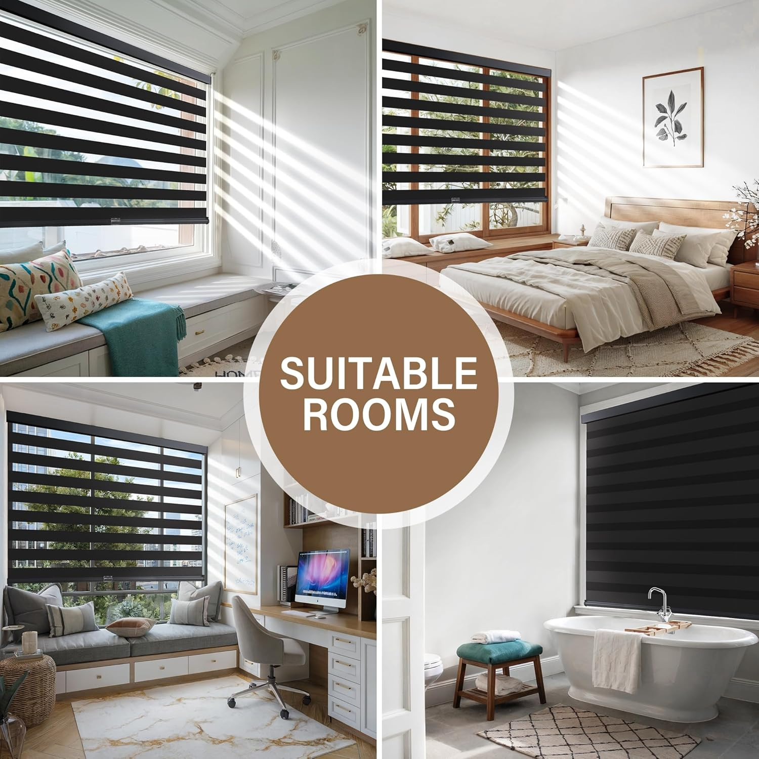 Cordless Zebra Blinds for Windows, 20″ W X 72″ H, Black | Dual Layer Light Filte