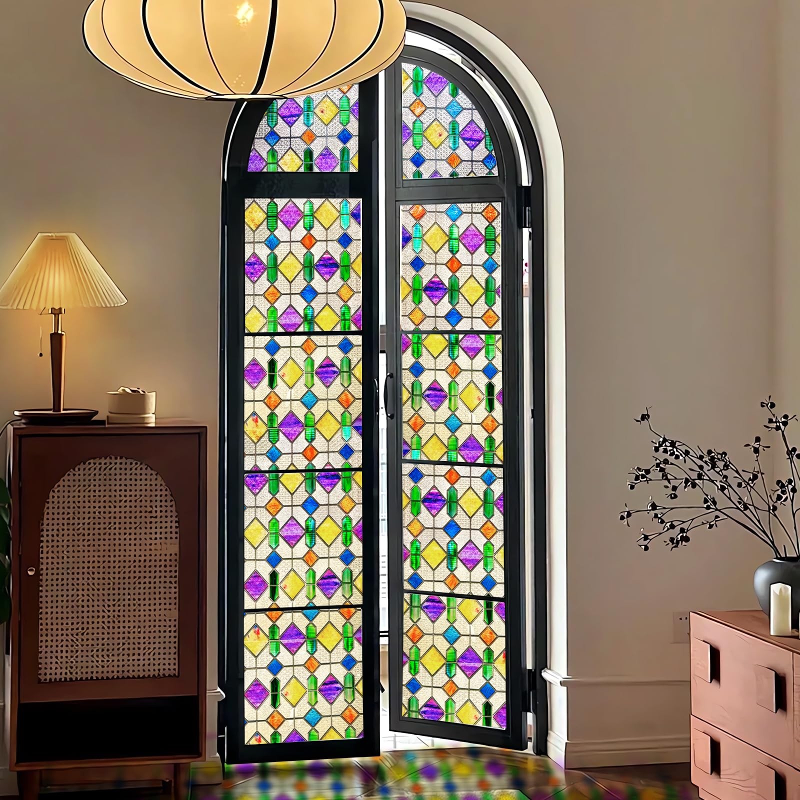 Window Privacy Film Stained Glass Rainbow 16.9 x 39.4 inch Peel and Stick