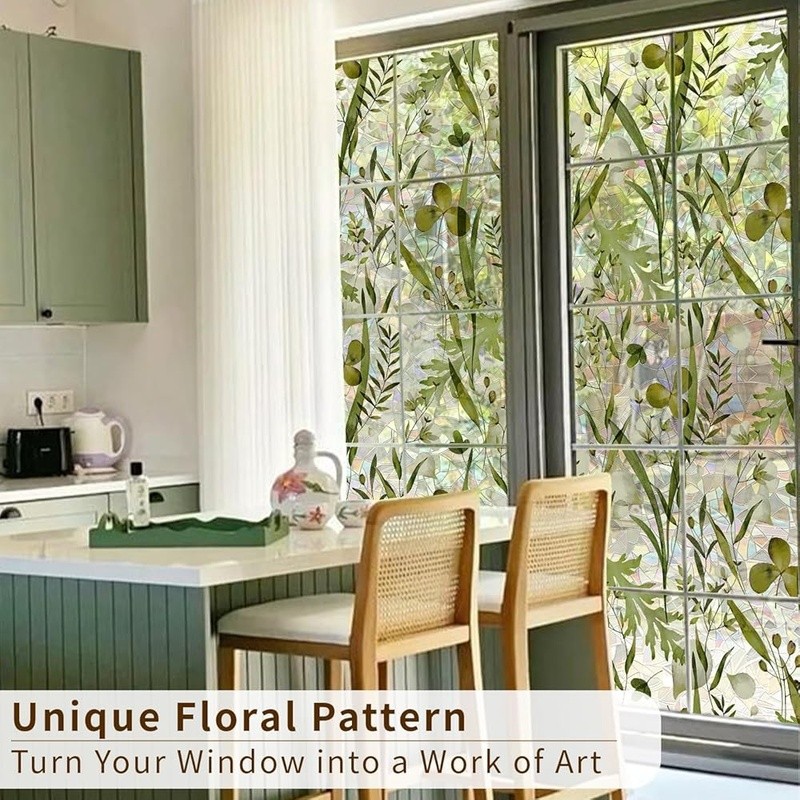 Rainbow Window Film Static Cling Nature Leaf Pattern Sunlight Privacy Decor New
