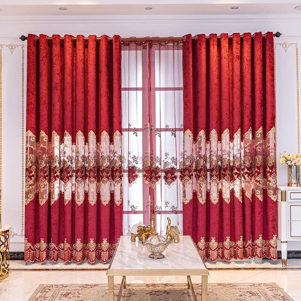 Elkca European Style Festival Burgundy Red Embroidered Chenille Curtain For