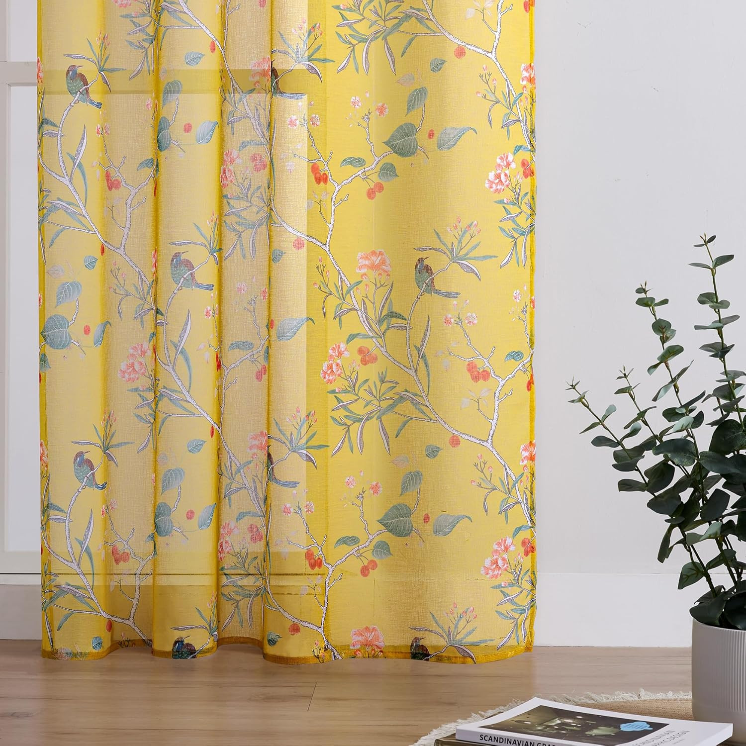 Mustard Yellow Floral Sheer Curtains, Fun Vintage Retro Botanical Patterned Wind