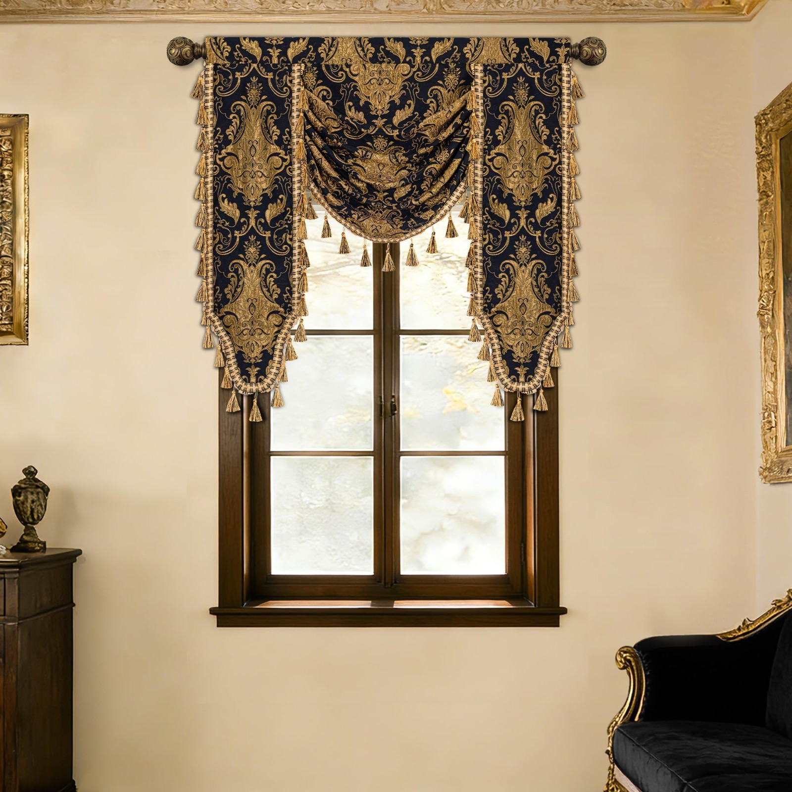 Luxury Damask Waterfall Valance Curtains, Black Gold, Elegant Home Decor, W39
