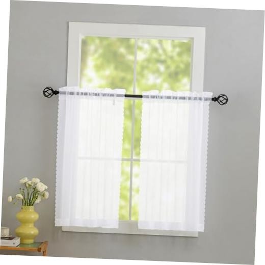 White Sheer Kitchen Curtains 36 inch 30″W x 36″L (Pack of 2) White-voile