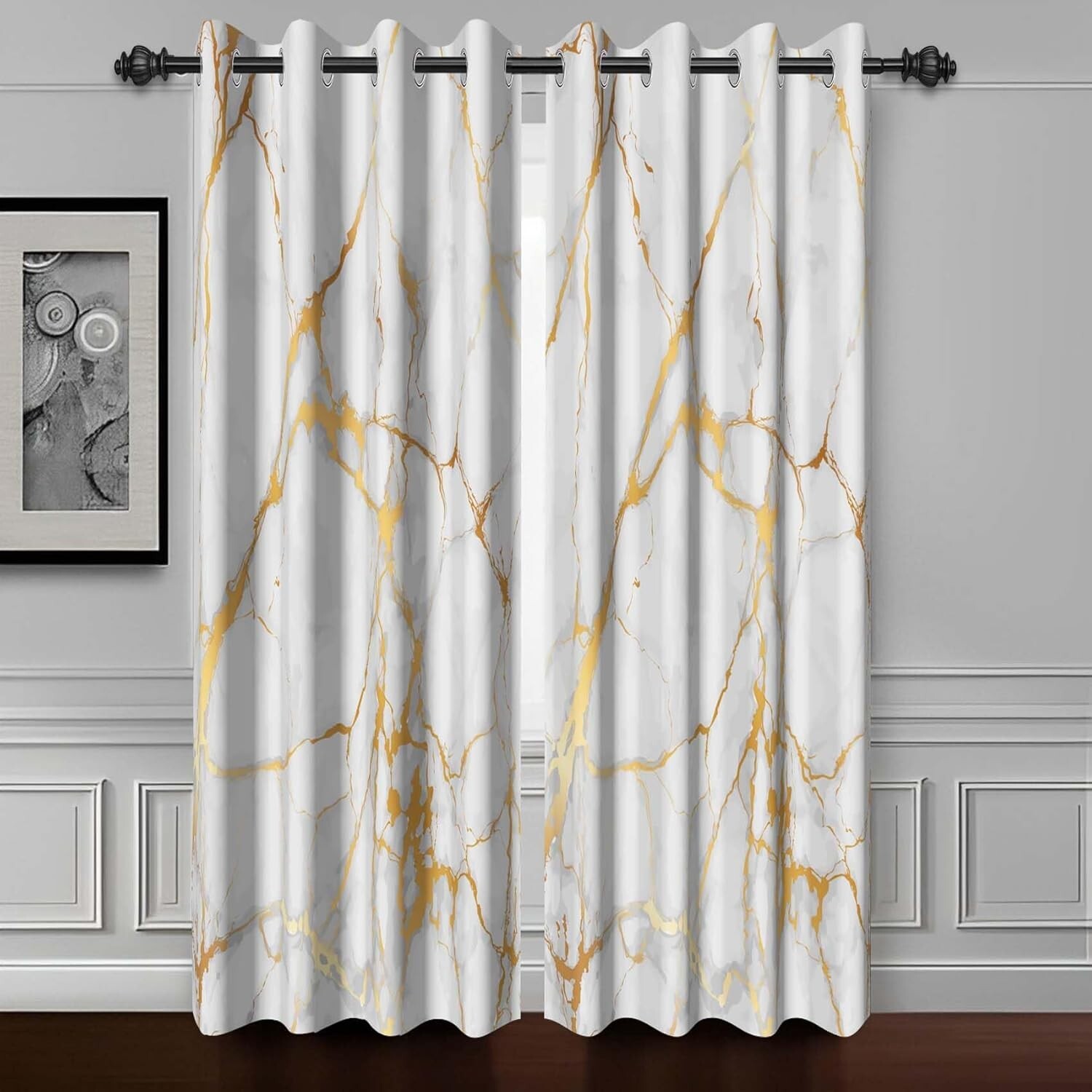 White & Gold Marble Art Fluid Gold Texture Blackout Drapes Grommets 53Wx108H