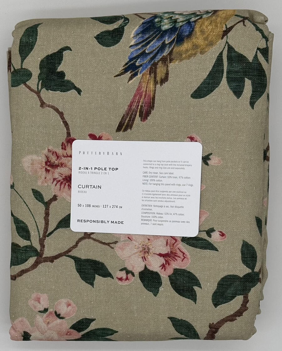 Pottery Barn Nola Songbird Cotton Lined Drape Curtain (1) ~ 50 x 108 Green Multi