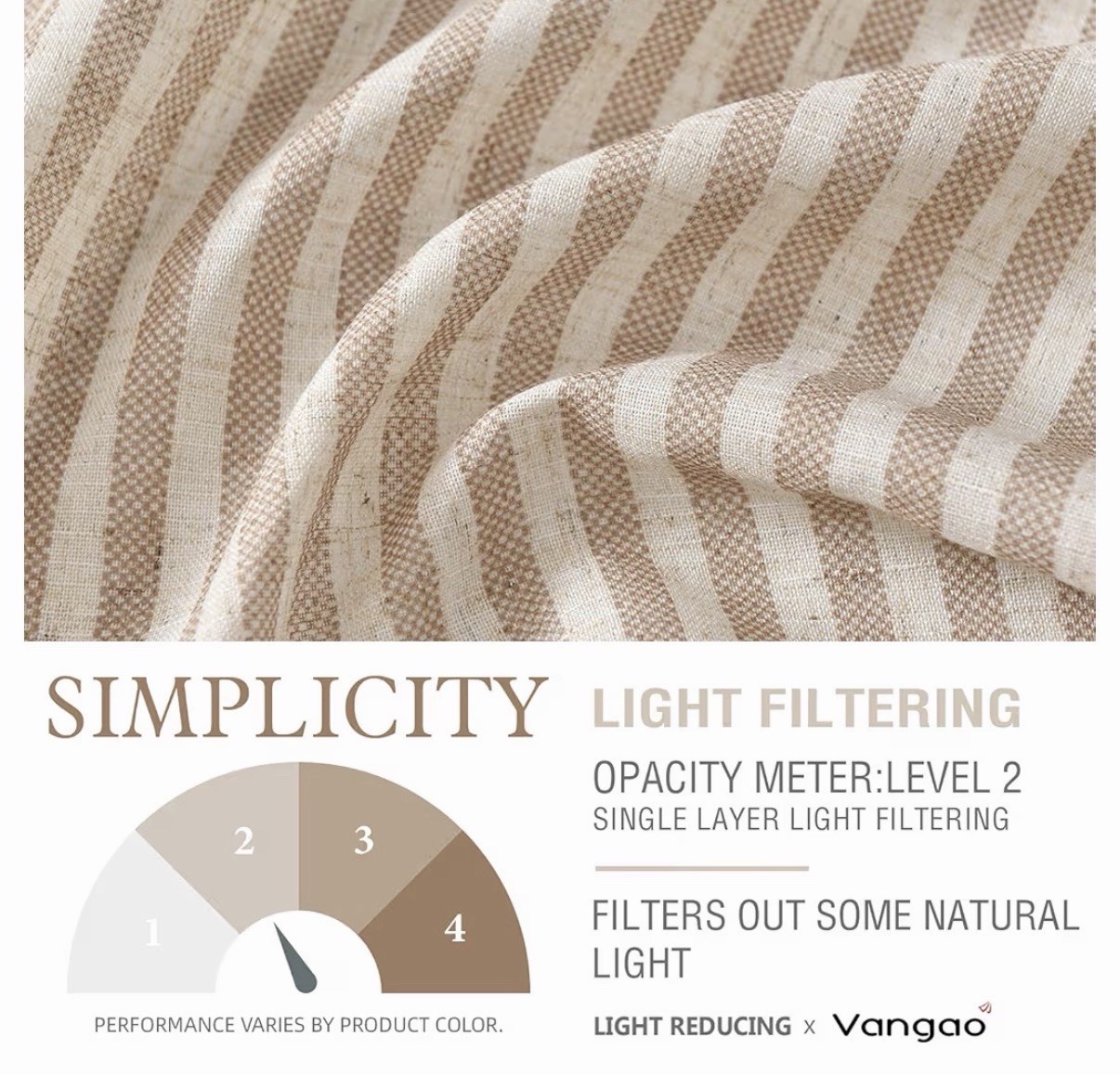 Vangao 2 Pack Stripe Farmhouse Kitchen 24” Length X 26” Linen Cafe Curtains Tan