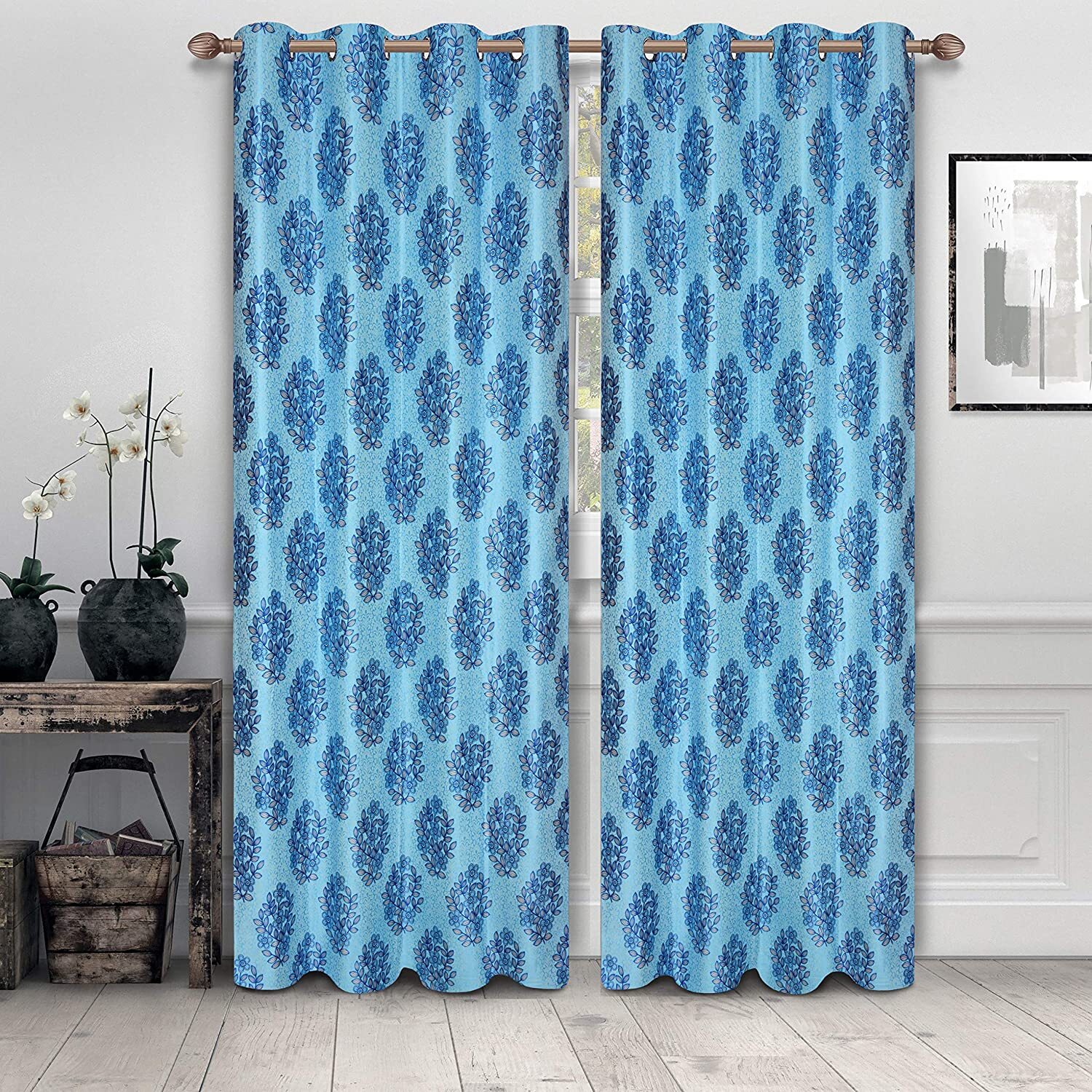 Beautiful Leef Design Polyster Printed Window Sky Blue Curtain (4X5 Feet)