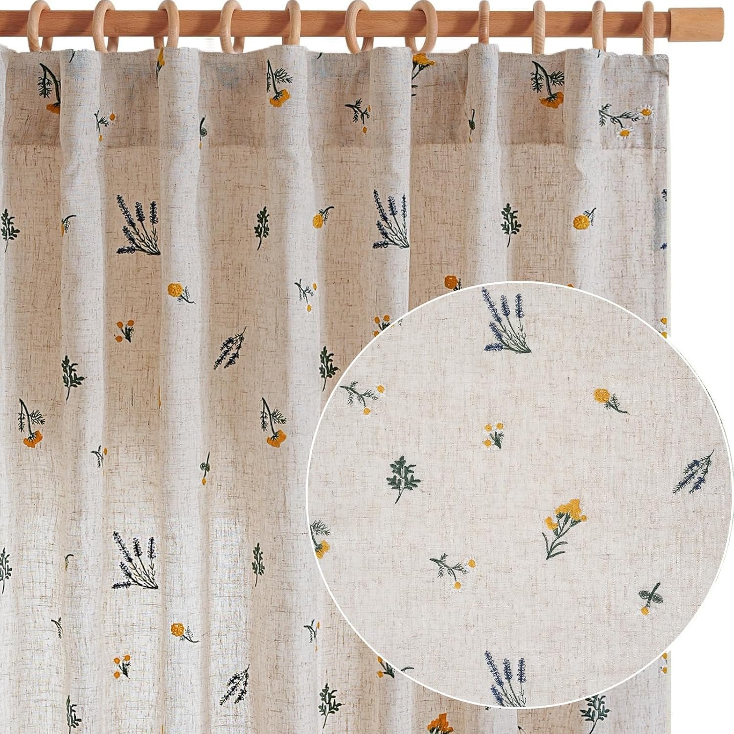 Linen Curtains 96 Inch Boho Drapes Daisy Embroidered Farmhouse Window
