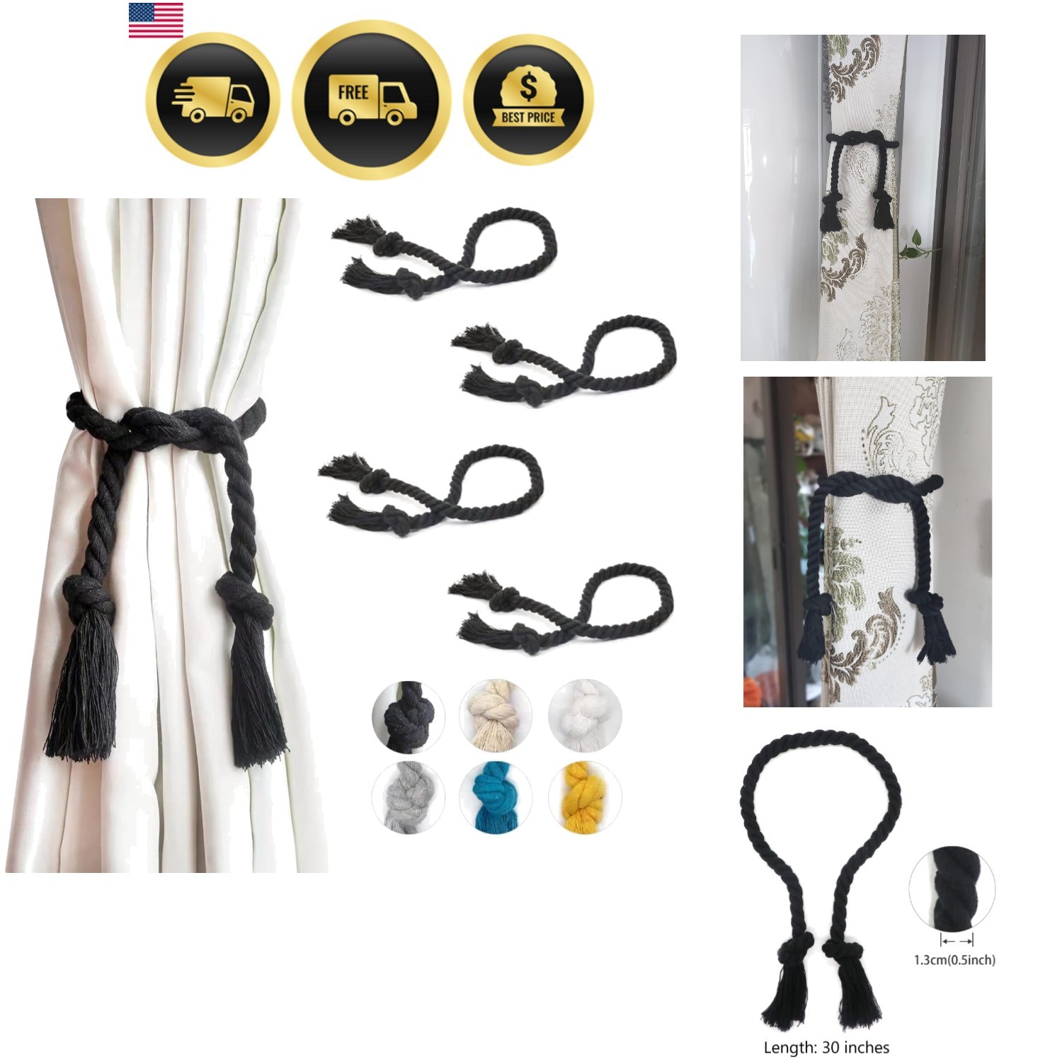 4 Pack Curtain Ties, Outdoor Curtain Tiebacks Rope for Patio Gazebo Pergola C…