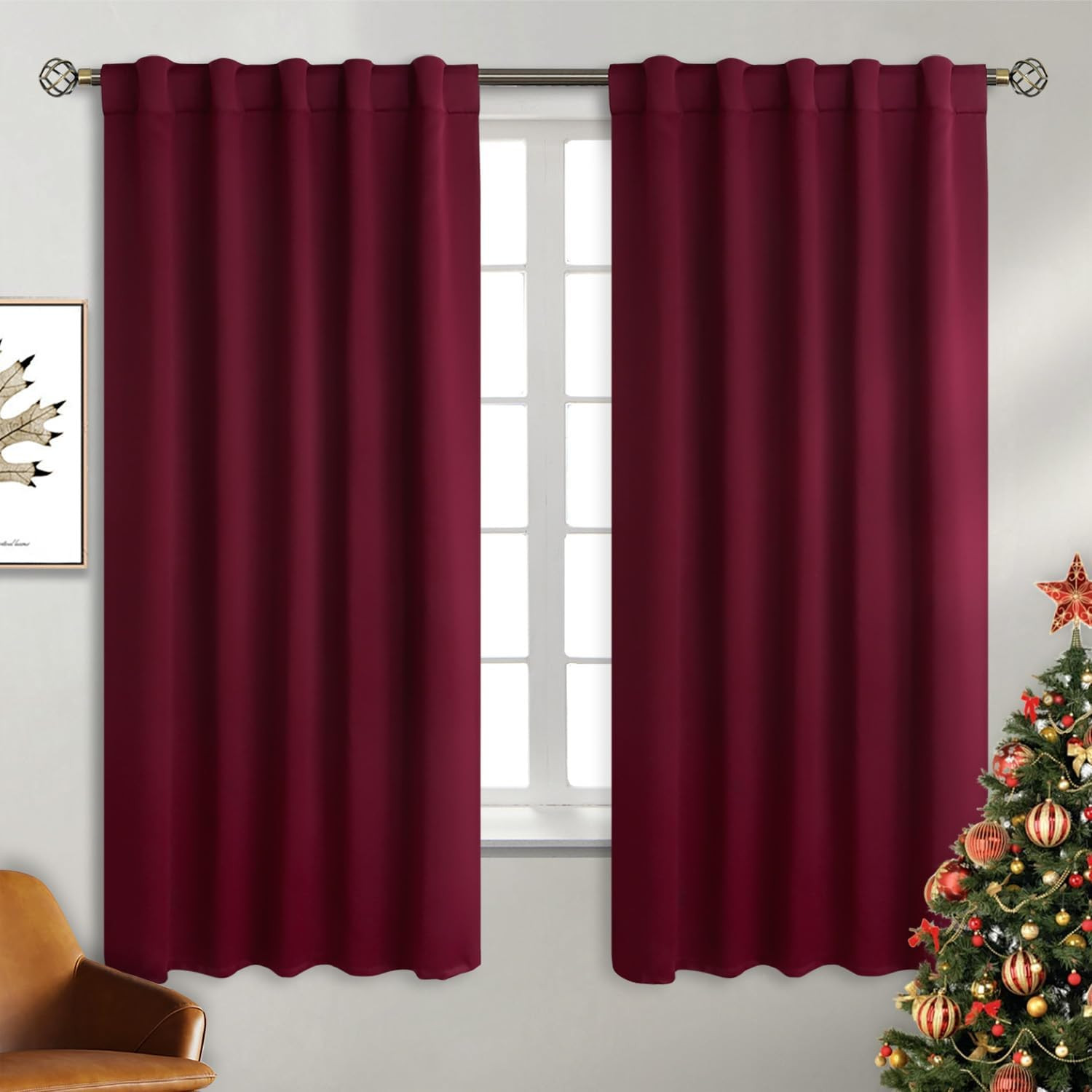 Christmas Red Blackout Curtains 63 Inch Length – Rod Pocket and Back Tab Thermal