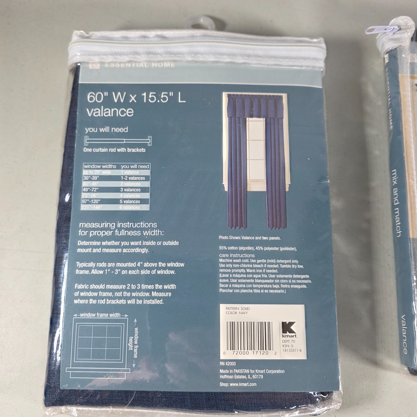 Essential Home Valance Lot Solid Navy Window Curtain Topper 60×15.5 Blue NEW Set