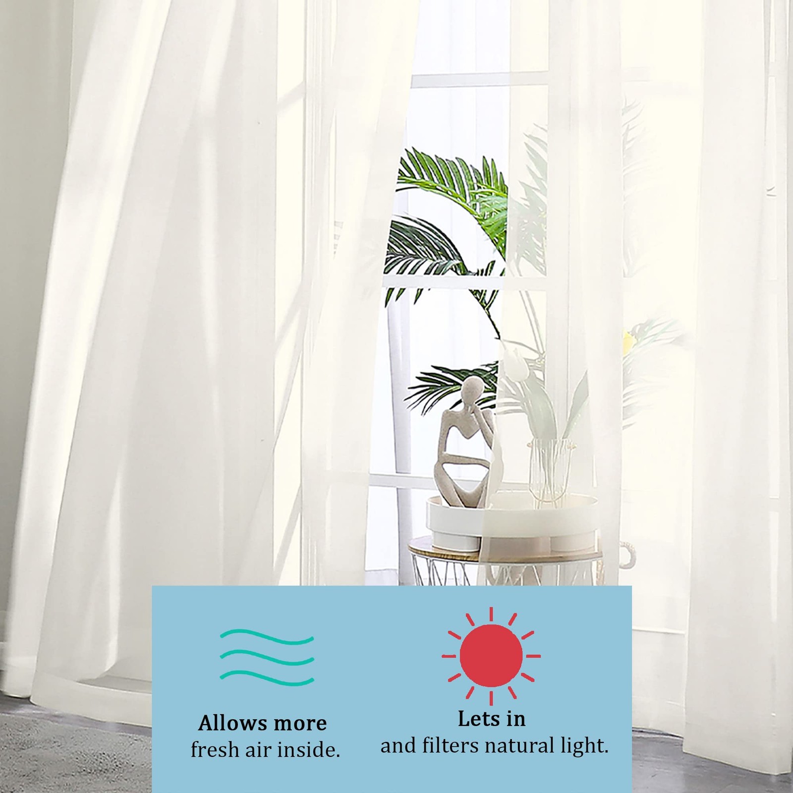 42×120 Inch Sheer Curtains, Lightweight Voile, Living Room, Ivory