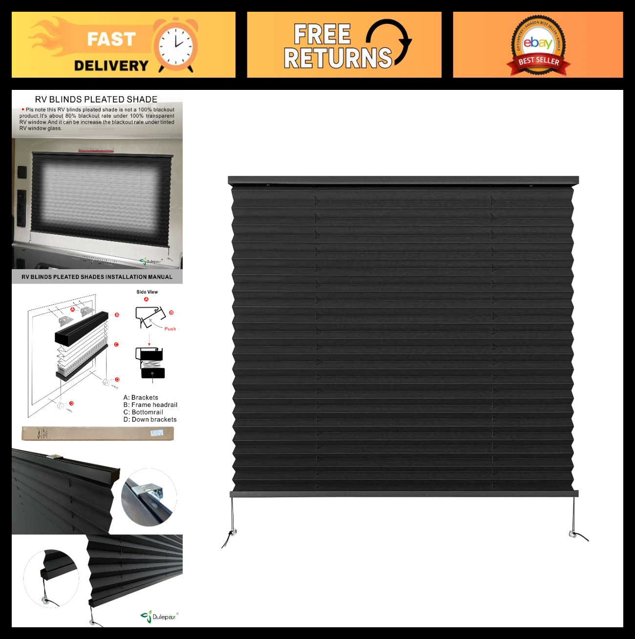 Pleated RV Window Blinds – 32″ x 24″ Black Shades for Camper & Travel Trailers