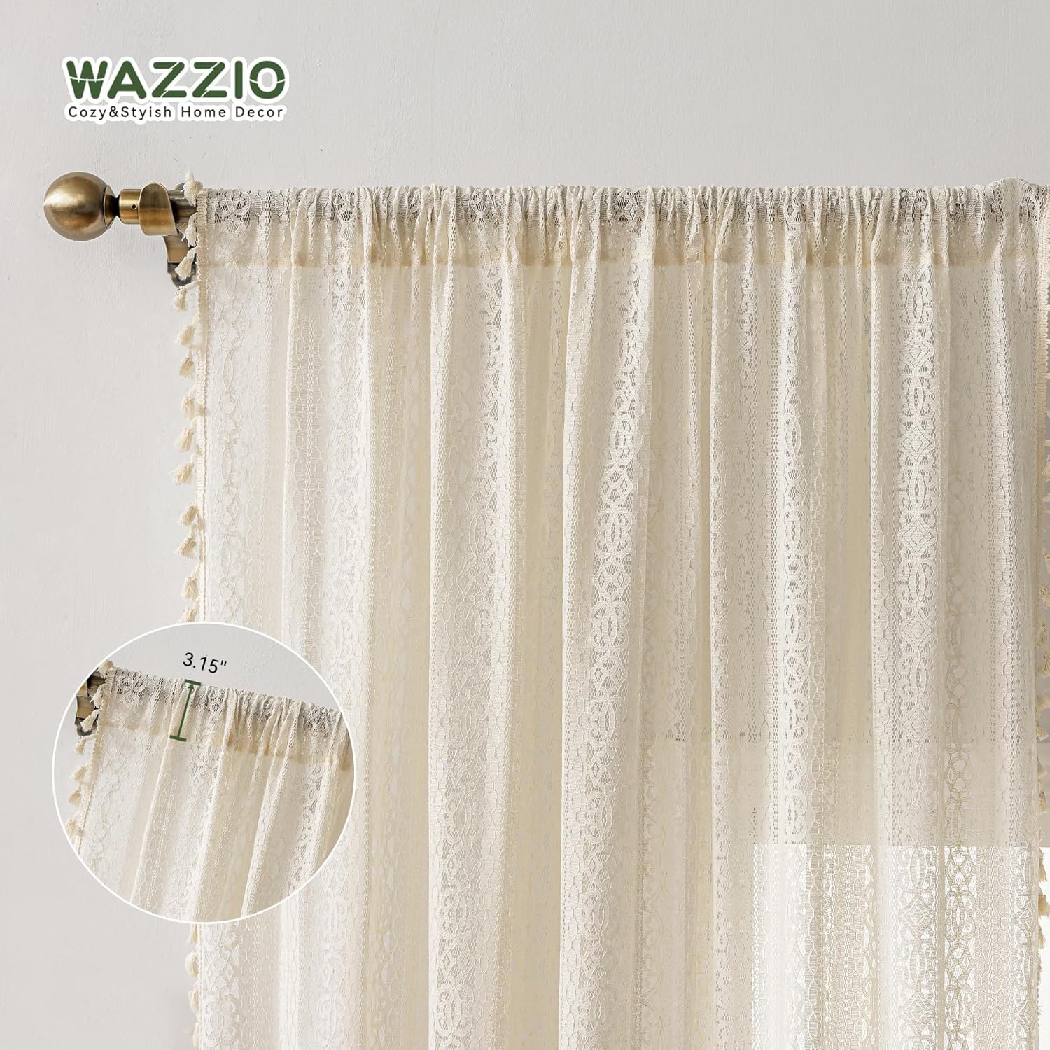 Luxurious 63-Inch Boho Lace Curtains with Tassels – Set of 2 for Elegant Living