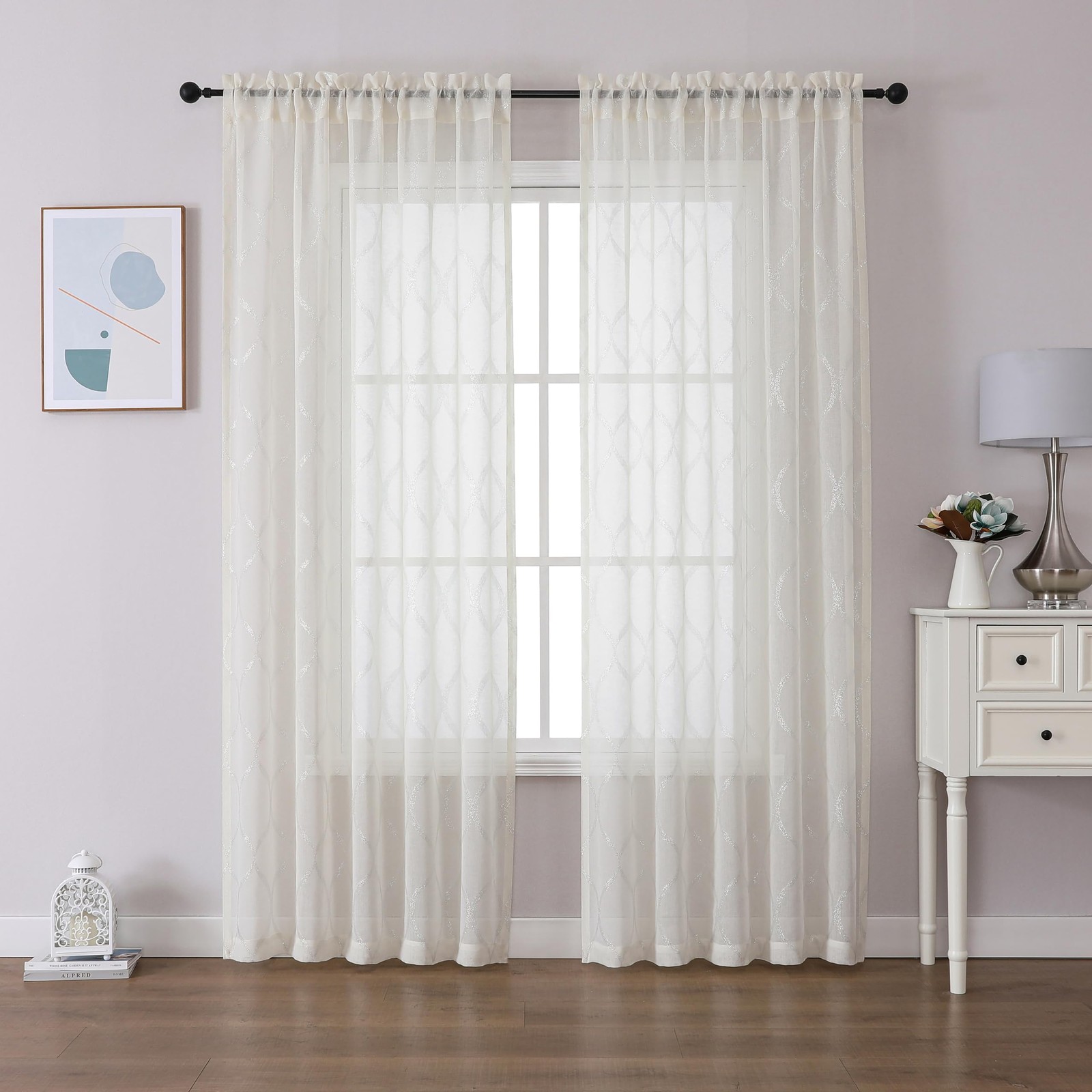 Ivory Sheer Curtains 84 Inches Long 2 Panels Geometric Moroccan Metallic Silv…