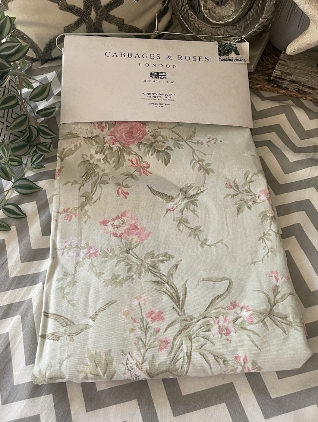 CABBAGES & ROSES 2 Panel Curtain Set Birds Floral HENRIETTA SAGE 50 x 84” NEW
