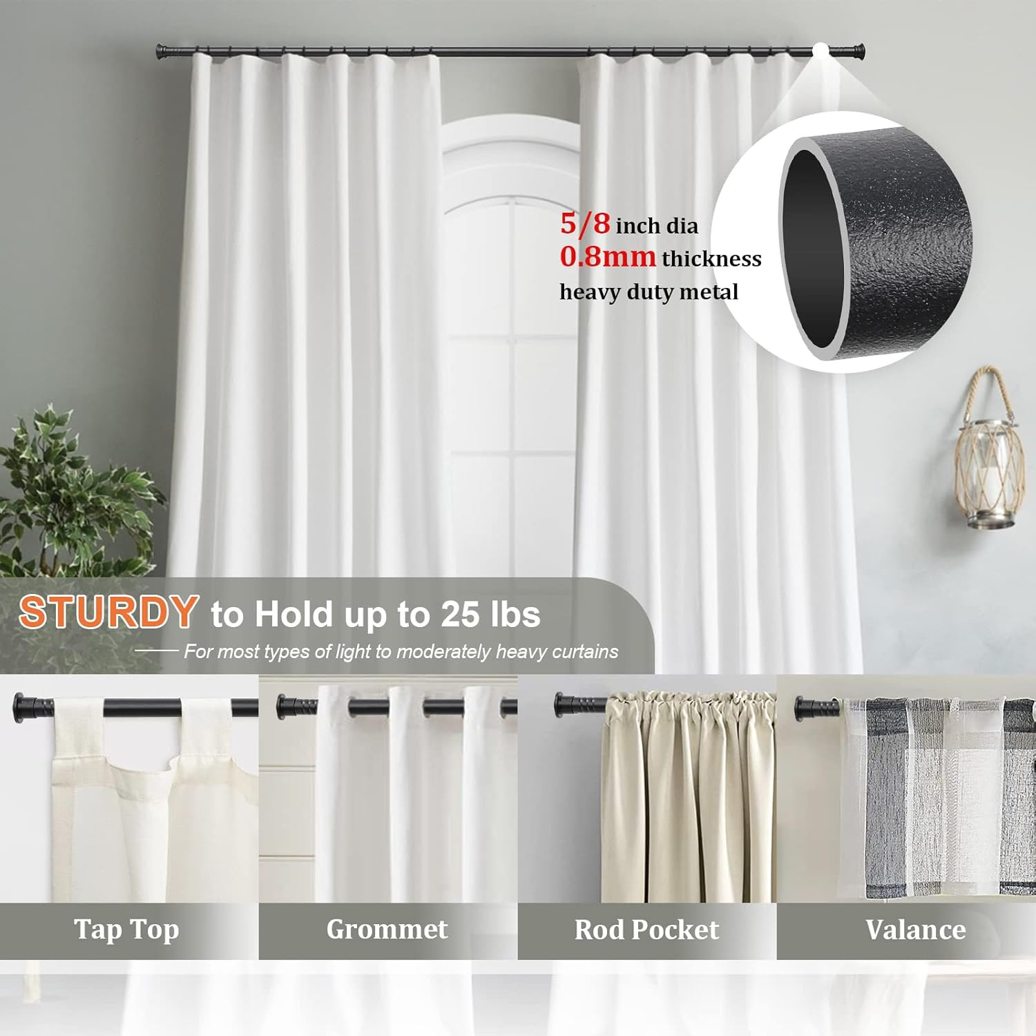 5/8” Curtain Rod Set Adjustable 28–48” Heavy Duty Matte Black Window Rod