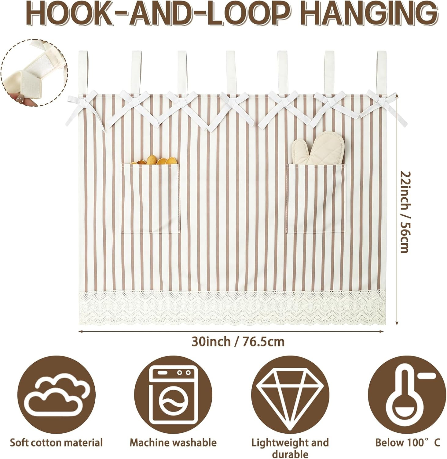 Oven Curtain Skirt – Hook and Loop Straps Stove Curtain with Pockets Stripe Oven