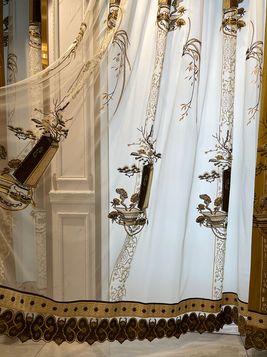 luxury Chinese Embroidery Velvet gold classical curtain valance tulle M1670