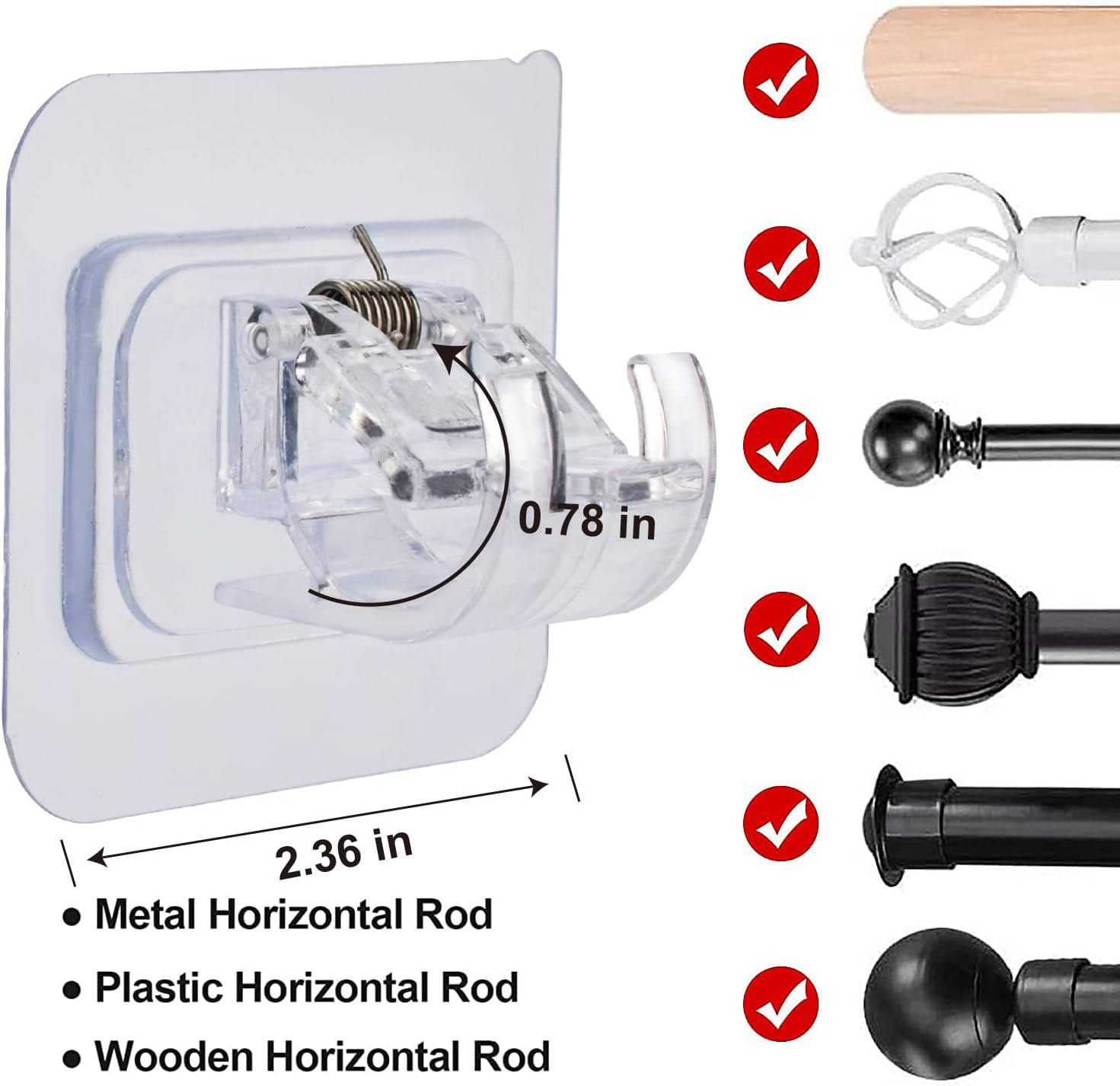 No Drill Clear Curtain Rod Brackets 4 Pcs Self-Adhesive Mount Nail Free